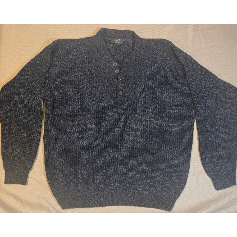 Club Room Mens Navy Blue Shaker Knit Cotton Henley Sweater Large Shawl Neck L